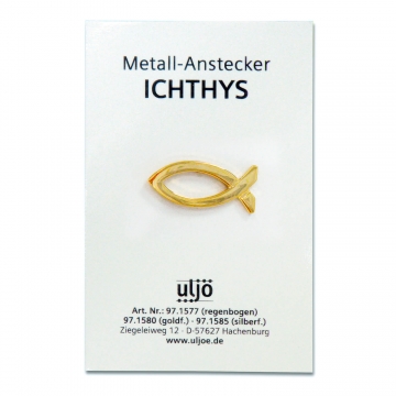 Metall-Anstecker "Fisch" auf Geschenkkarte - goldfarben