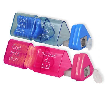 Anspitzer+Radiergummi "Gott liebt dich so wie du bist"