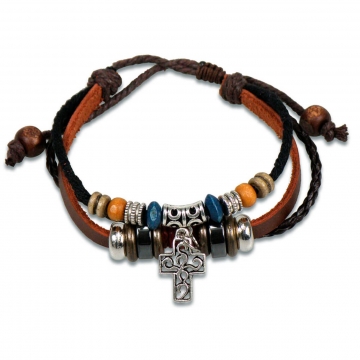 Lederarmband "Perlen/Kreuz" silber/bordeaux