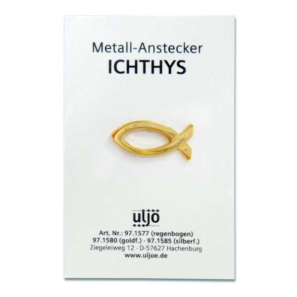 Metall-Anstecker "Fisch" auf Geschenkkarte - goldfarben